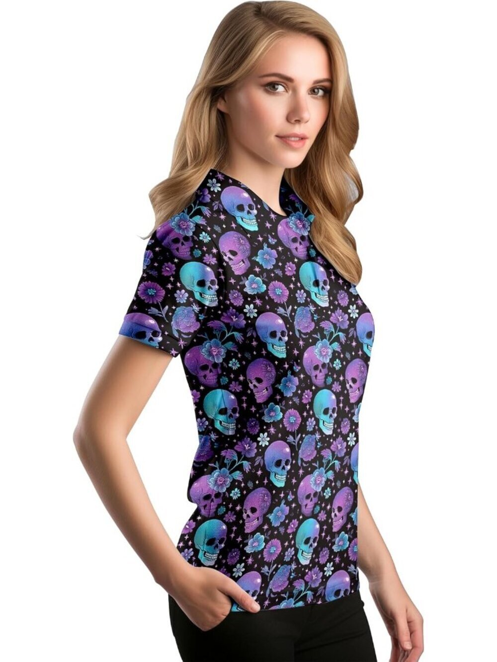 Women Skull Short Sleeve Quick Dry Tennis Shirts Athletic Yoga Tops Fit - Picture 2 of 6